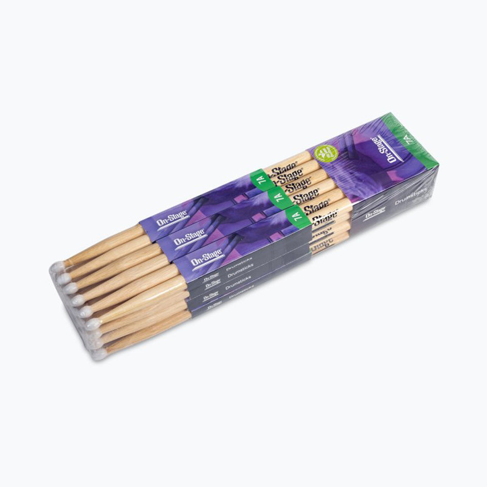 On-Stage HN7A Hickory 7A Drumsticks with Nylon Tips, 12-Pairs