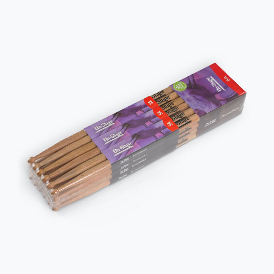 On-Stage HW5A Hickory 5A Drumsticks with Wood Tips, 12-Pairs