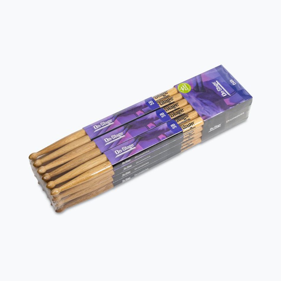 On-Stage HW5B Hickory 5B Drumsticks with Wood Tips, 12-Pairs