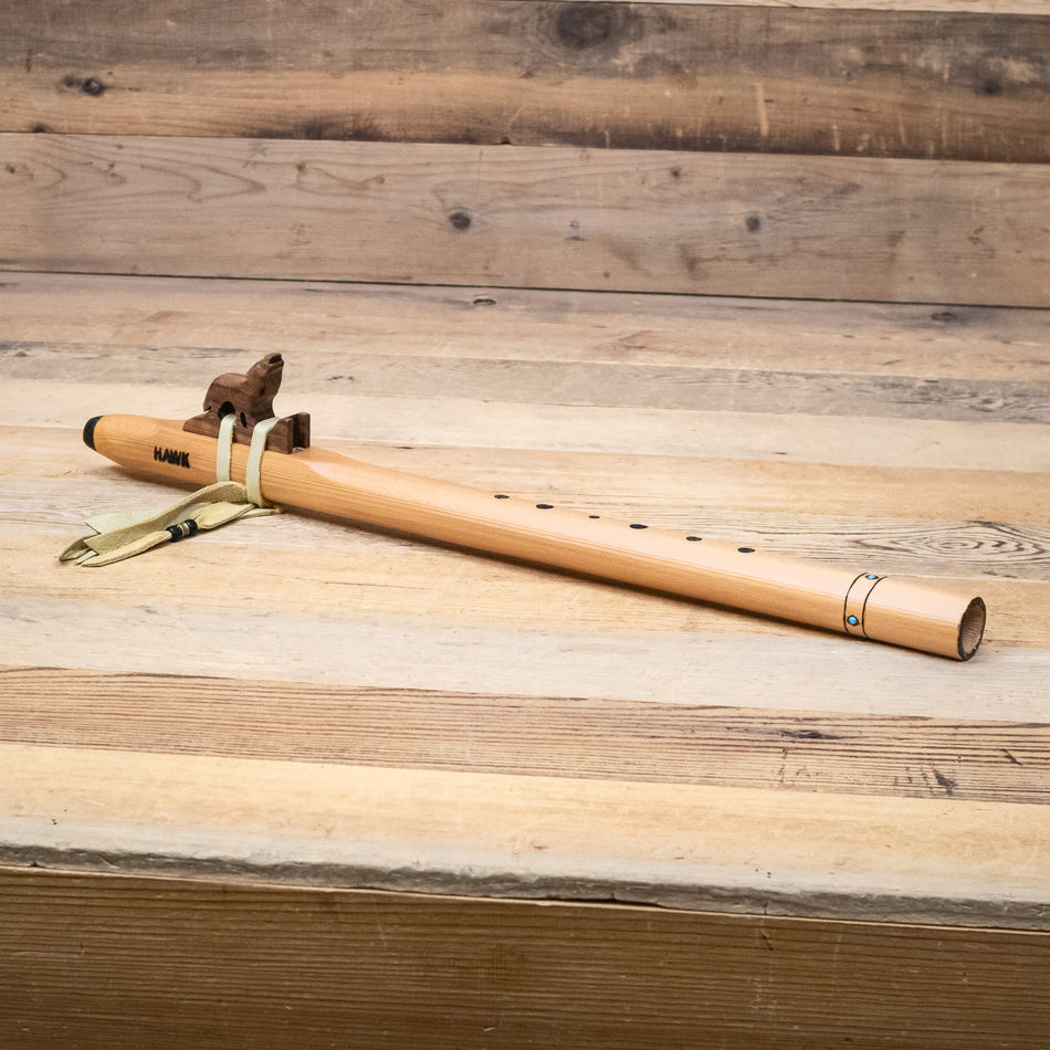 Hawk Native American Style Meditation Flute with Wolf Totem in F Minor