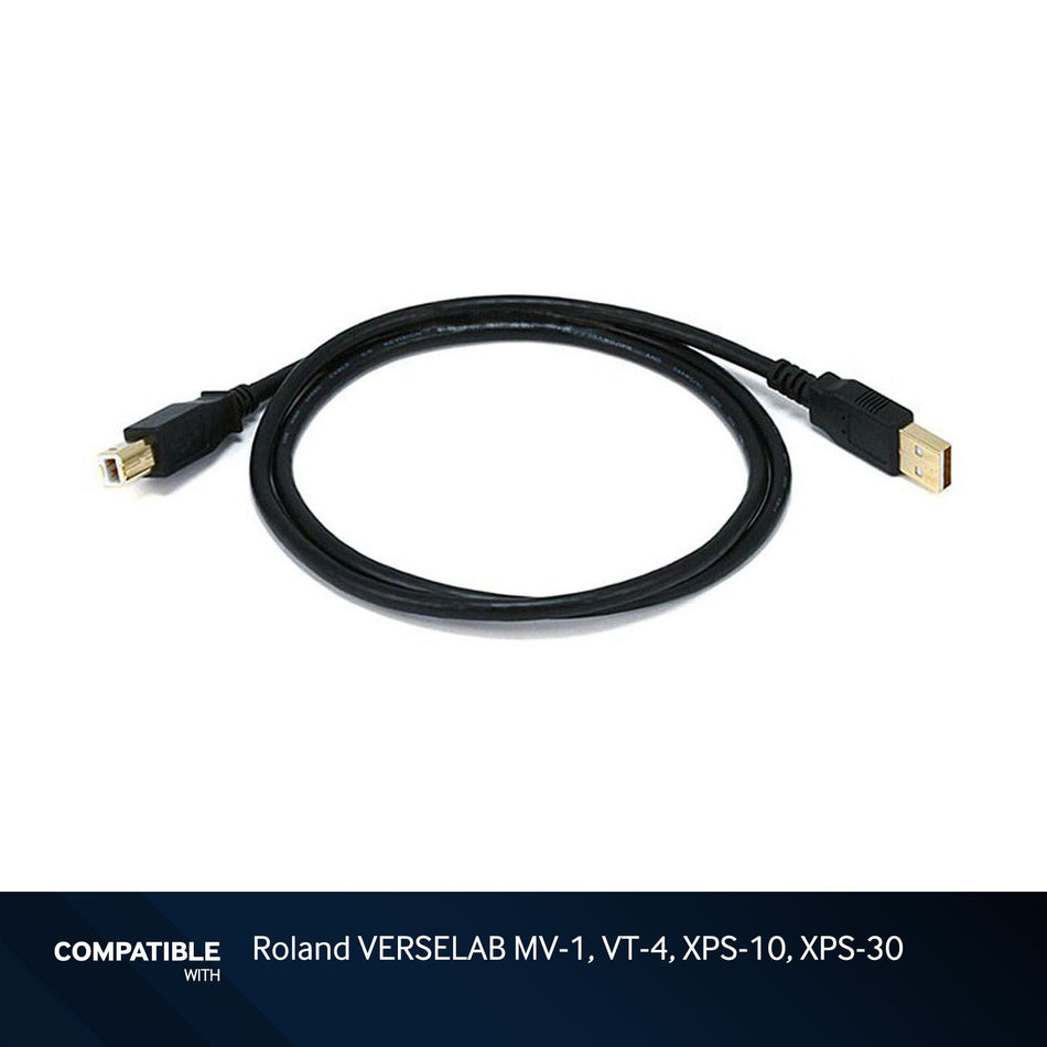 3-foot Black USB-A to USB-B 2.0 Gold Plated Cable for Roland VERSELAB MV-1, VT-4, XPS-10, XPS-30
