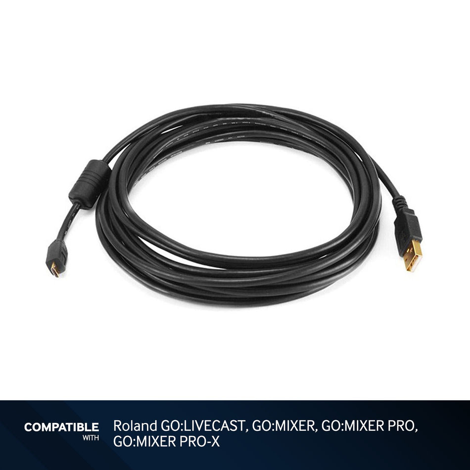 15-foot Black USB-A to Micro B Cable for Roland GO:LIVECAST, GO:MIXER, GO:MIXER PRO, GO:MIXER PRO-X