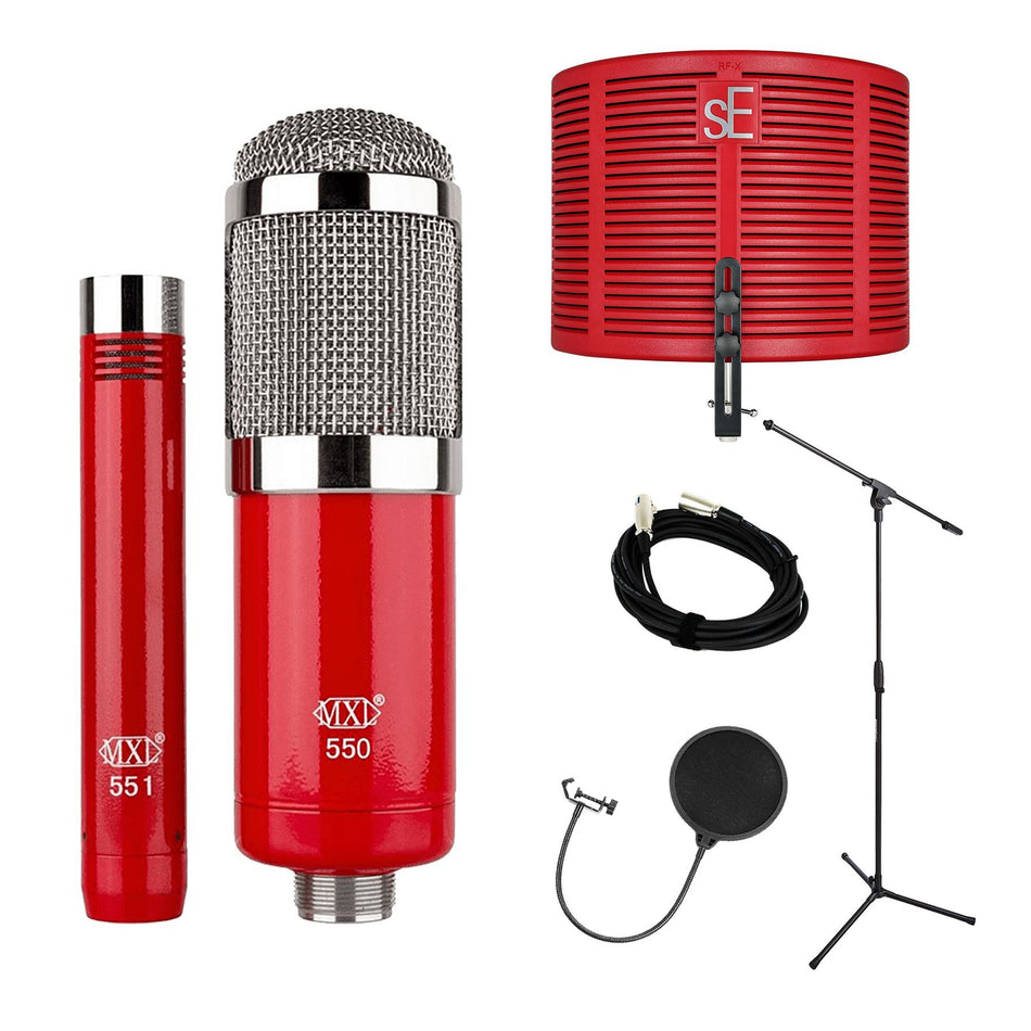 MXL 550-551R Microphone Recording Kit Bundle with sE Electronics Red RF-X, Pop Filter, Stand, Cable