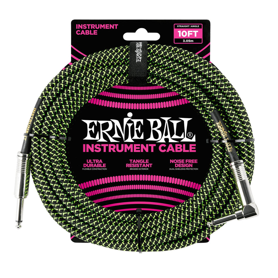 Ernie Ball P06077 10-foot Black/Green Braided 1/4" TS Instrument Cable Straight/Angle