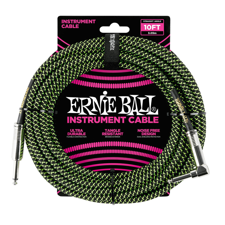Ernie Ball 6077 10-foot Braided Black/Green Straight/Angle Instrument Cable