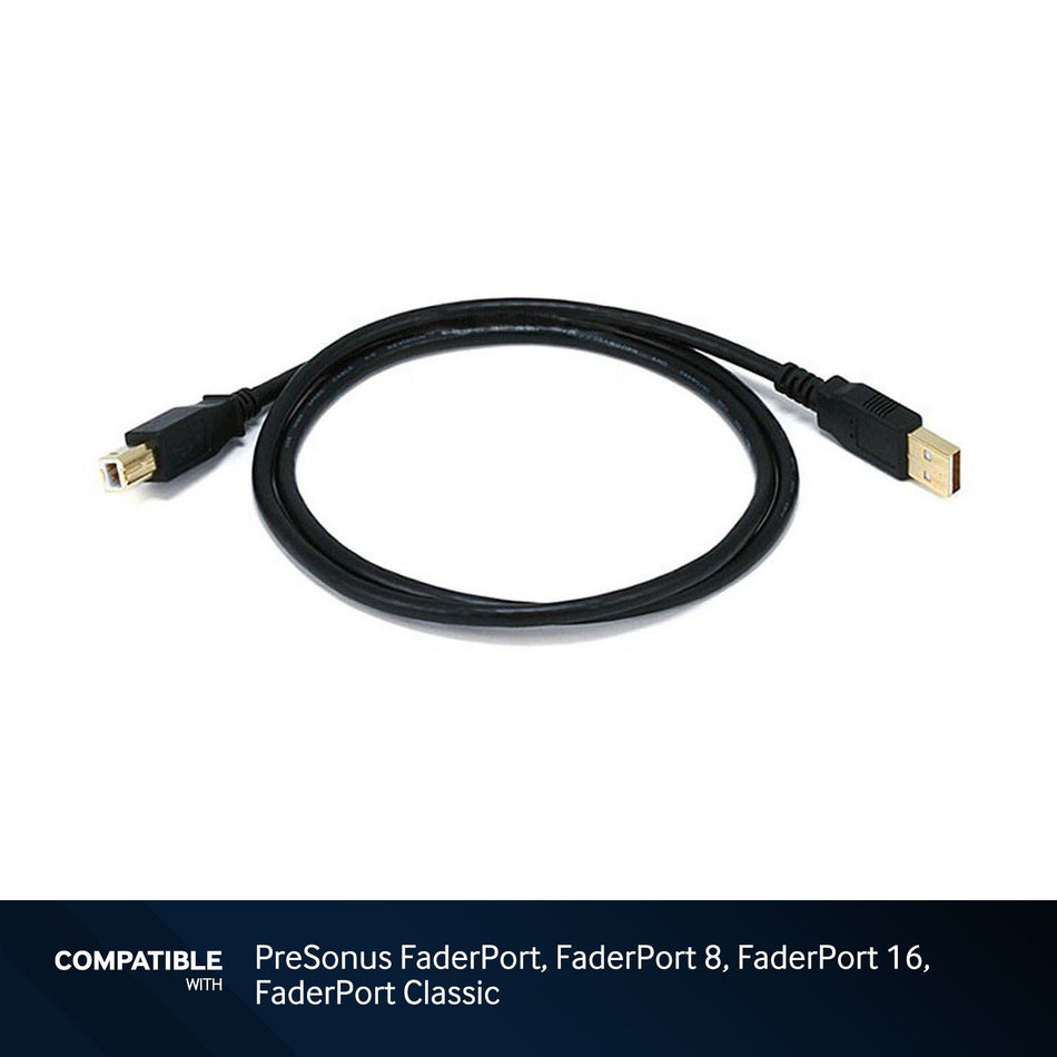 3-foot Black USB-A to USB-B 2.0 Gold Plated Cable for PreSonus FaderPort, FaderPort 8, FaderPort 16, FaderPort Classic