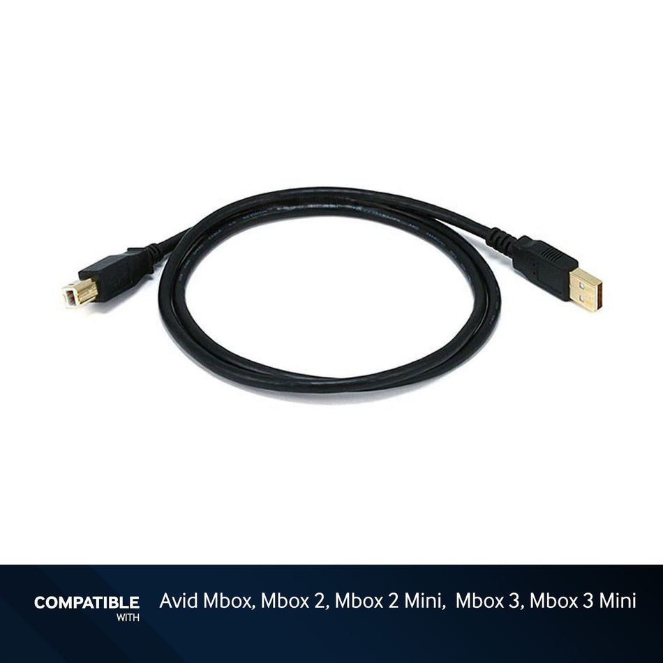 3-foot Black USB-A to USB-B 2.0 Gold Plated Cable for Avid Mbox, Mbox 2, Mbox 2 Mini, Mbox 3, Mbox 3 Mini