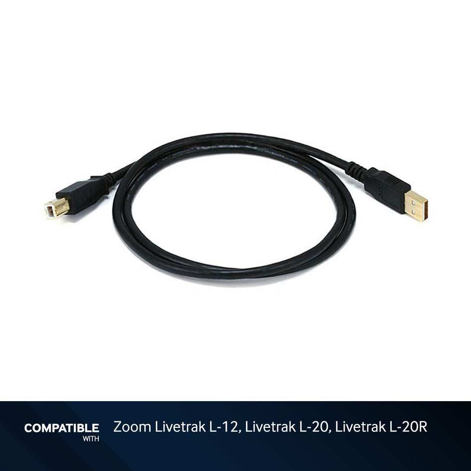 3-foot Black USB-A to USB-B 2.0 Gold Plated Cable for Zoom Livetrak L-12, Livetrak L-20, Livetrak L-20R