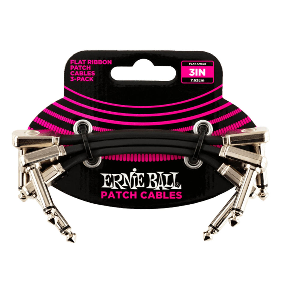 Ernie Ball 6220 3-Pack Black 3" Flat Ribbon 1/4" TS Low Profile Patch Cables