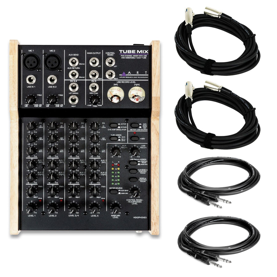 ART Tube Mix 5 Mixer w/ 2 XLR & 2 TRS Cables Bundle