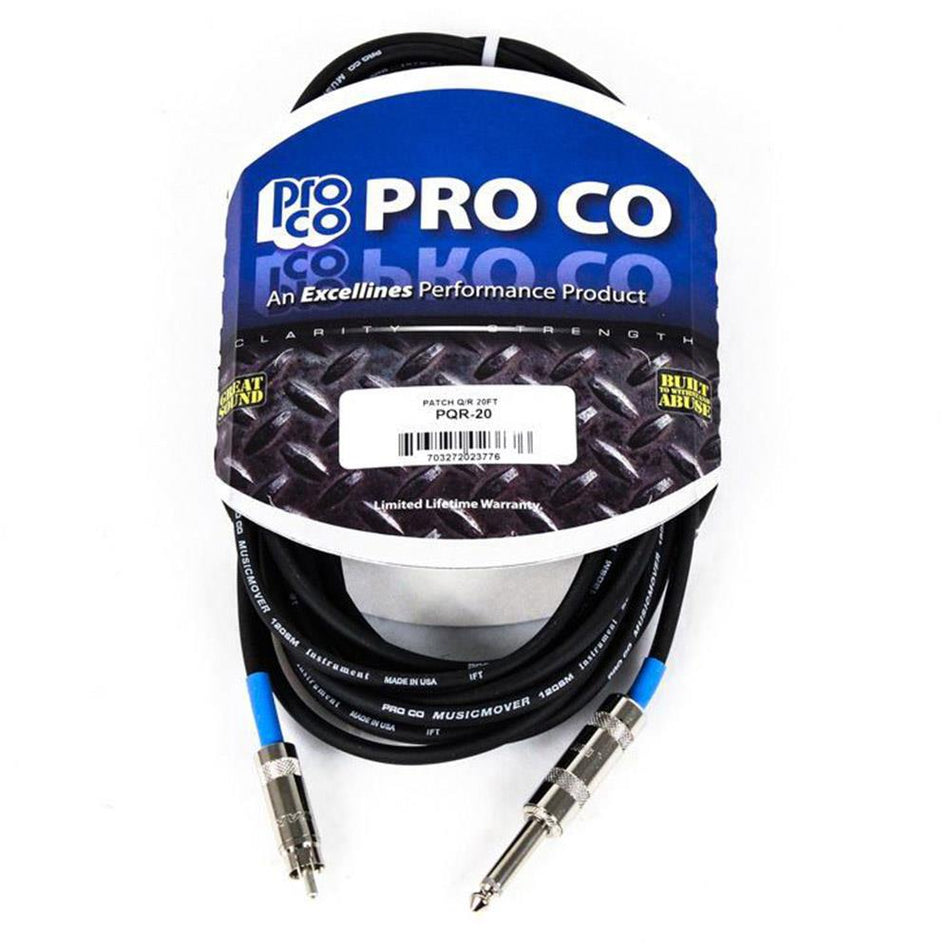 Pro Co 20-Foot RCA to 1/4" TS Cable PQR-20 - 20ft 20'