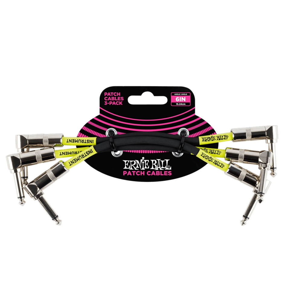 Ernie Ball 6050 3-Pack Black 6-Inch Right Angle 1/4" TS Patch Cables
