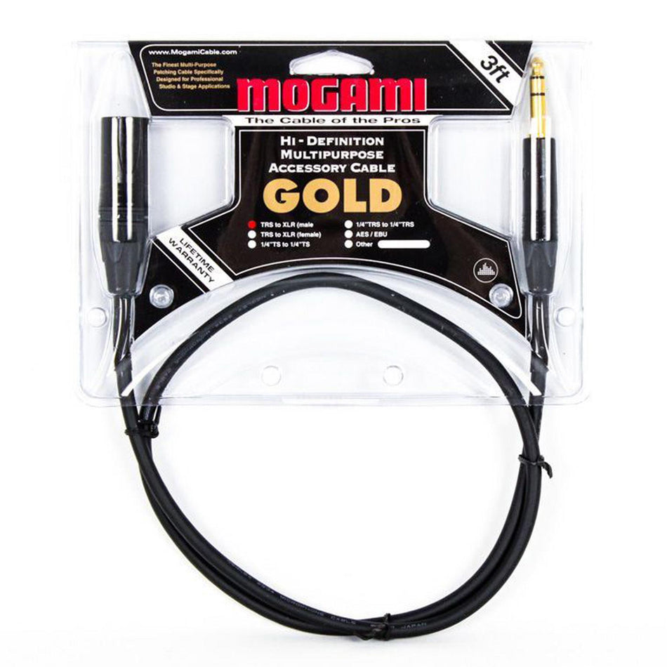Mogami Gold 1/4" TRS to XLRM (Male) Balanced Patch Cable, 3 Foot