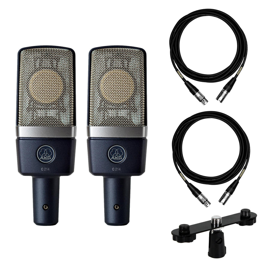 AKG C214 Microphone Stereo Pair w/ T-Bar & 2 15ft XLR Mogami Cables Bundle