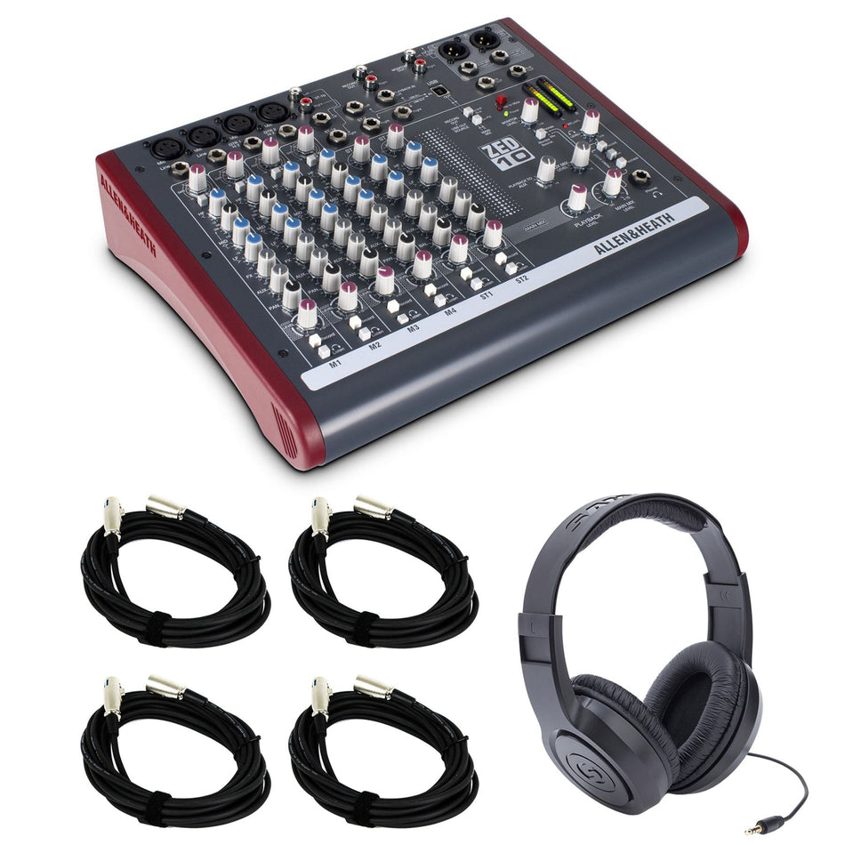 Allen & Heath ZED10 Mixer  Bundle with 4 20-foot XLR Cables & Samson SR350 Headphones