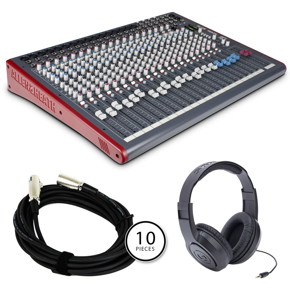 Allen & Heath ZED24 Mixer Bundle with 10 20-foot XLR Cables & Samson SR350 Headphones