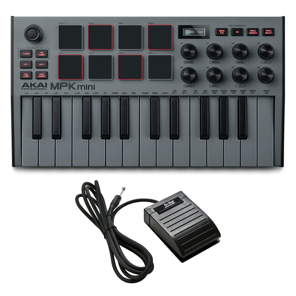 Akai MPK Mini MK3 Grey SE Controller w/ On-Stage Keyboard Sustain Pedal Bundle