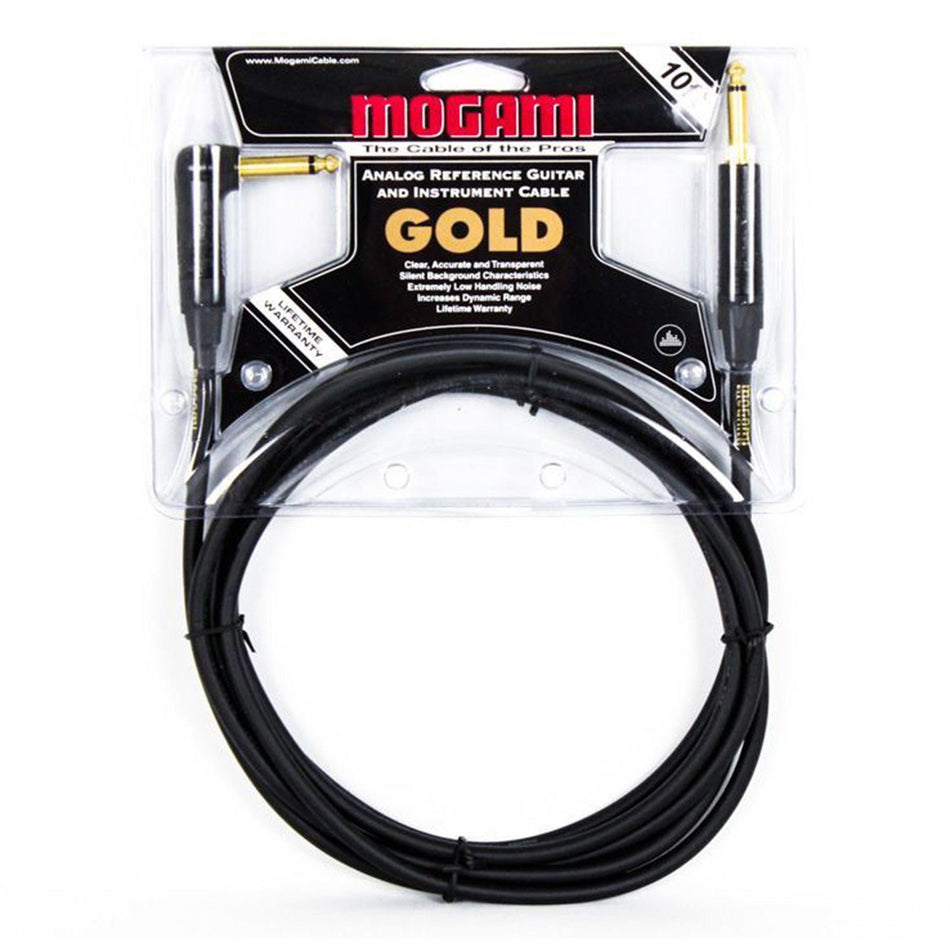 Mogami 10-foot Gold 1/4" Instrument Cable Right-Angle TR Male to Straight