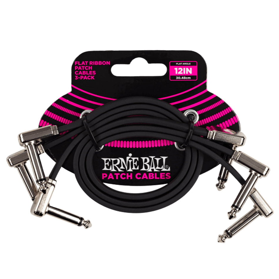Ernie Ball P06222 12" Flat Ribbon 1/4" TS Patch Cables - 3 Pack Pedal Cord 12in