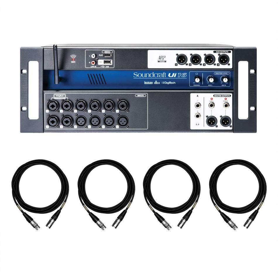 Soundcraft UI16 Digital Mixer Bundle with 4 15-Foot Premium Mogami XLR Cables