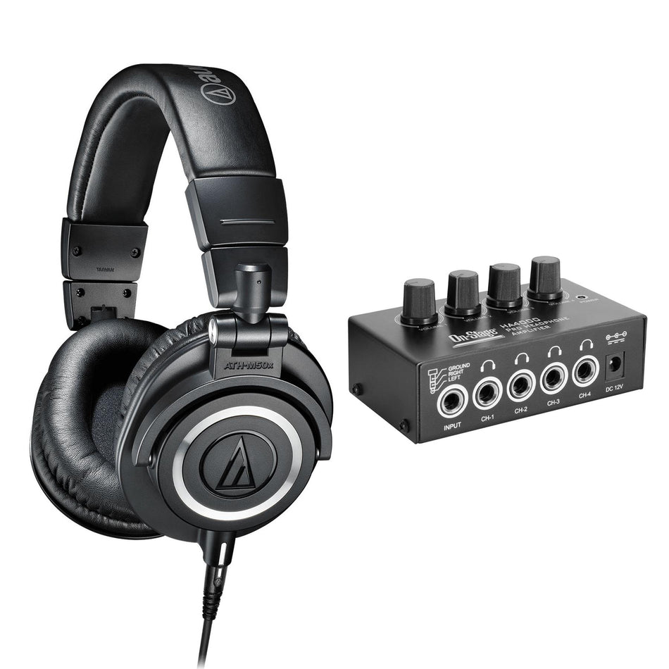 Audio-Technica ATH-M50X Black Headphones w/ On-Stage HA4000 Headphone Amp Bundle