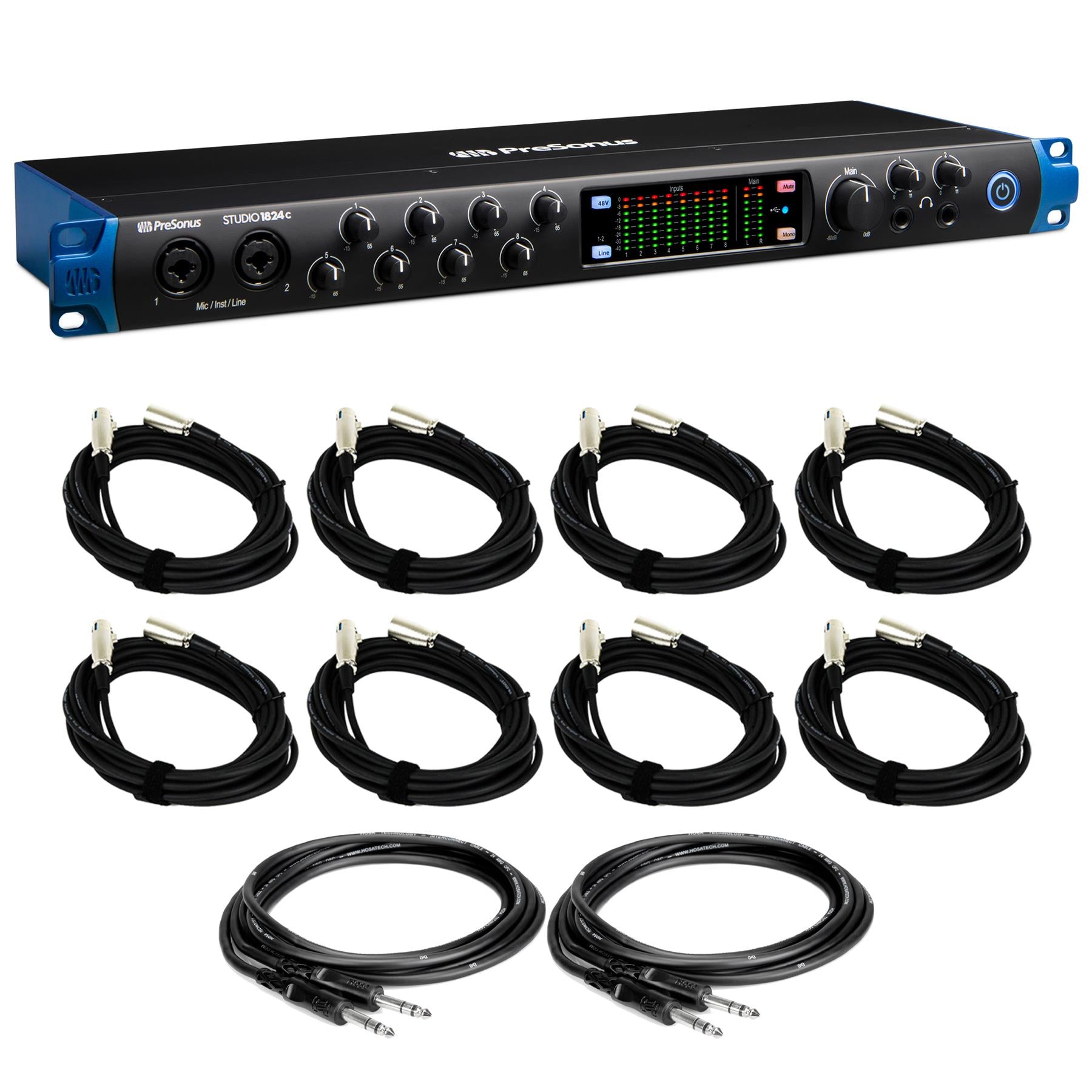 PreSonus Studio 1824C USB Interface w/ 8 XLR & 2 TRS Cables Bundle