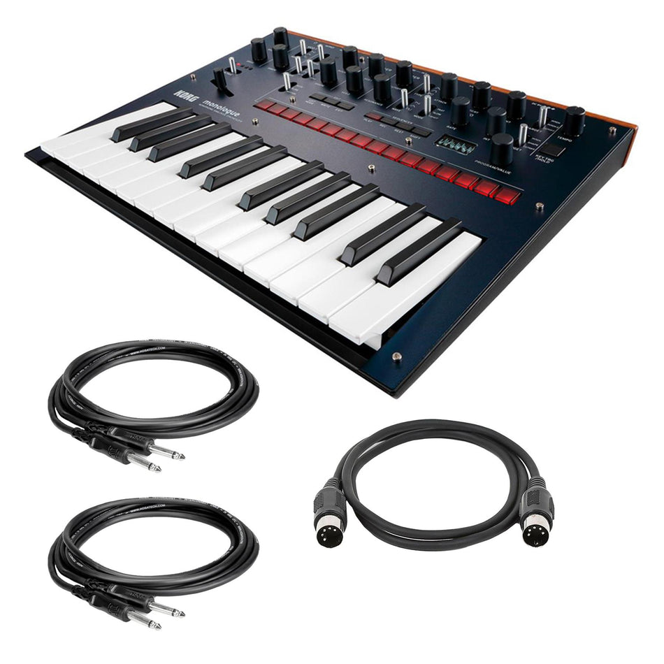 Blue Korg Monologue Synthesizer w/ MIDI Cable & 1/4" Instrument Cables Bundle
