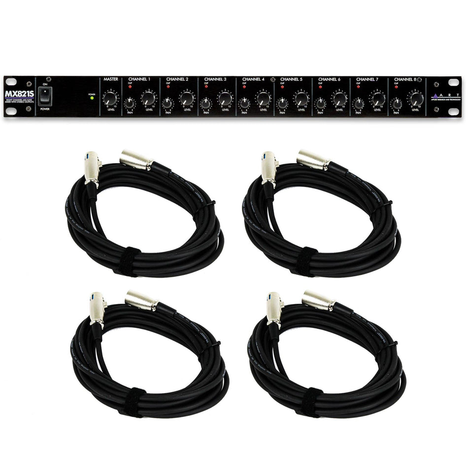 ART MX821S 8-Channel Mic/Line Mixer with four 20-foot XLR Cables Bundle