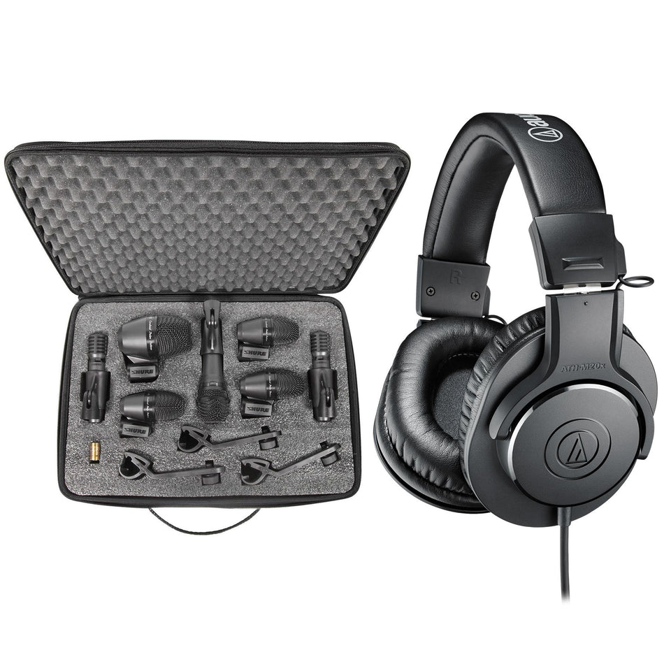 Shure PGA Drum Kit Microphone 7-Pack w/ Audio-Technica ATH-M20x Headphones