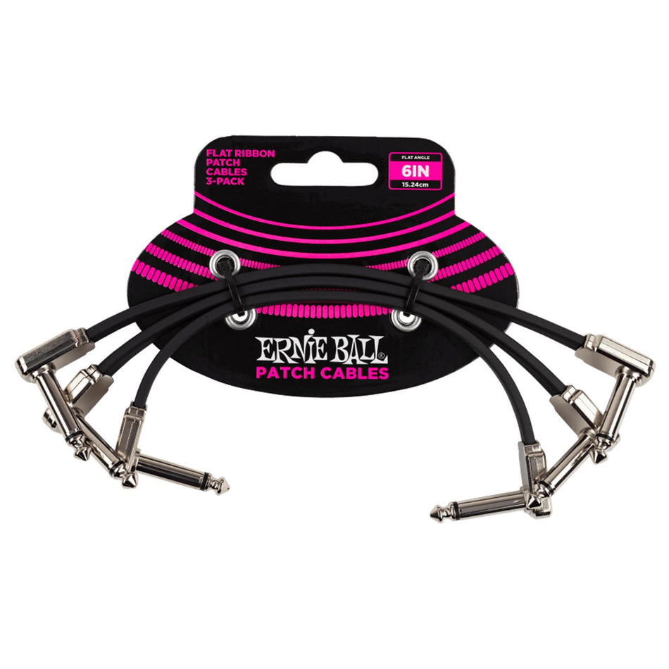 Ernie Ball 6221 3-Pack Black 6" Flat Ribbon 1/4" TS Low Profile Patch Cables