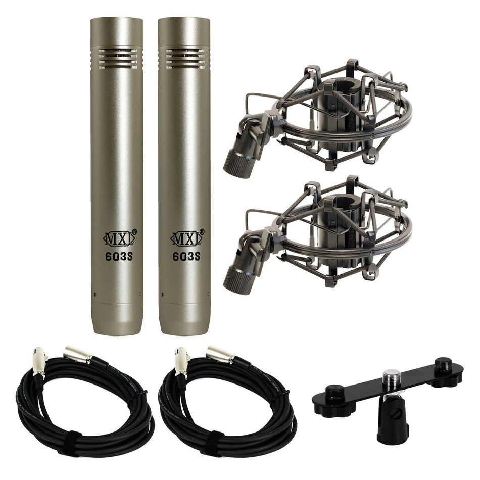 MXL 603 Microphone Stereo Pair w/ 2 20-foot XLR Cables & Stereo Bar Bundle
