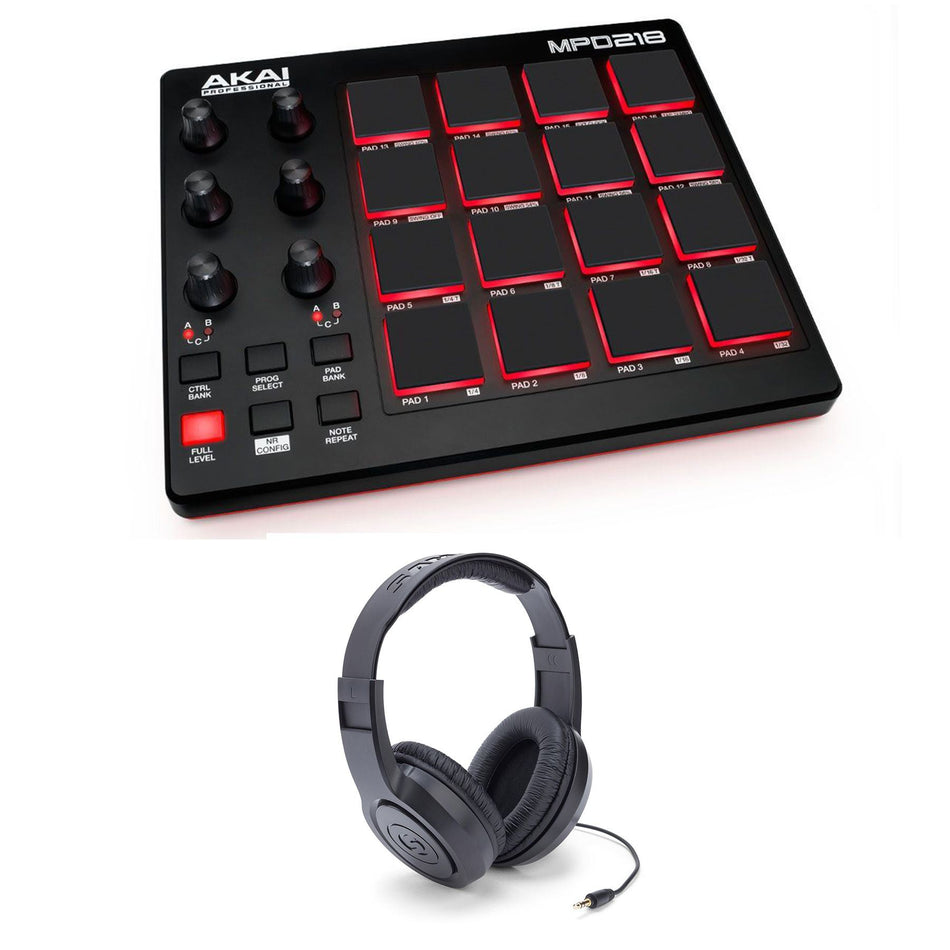AKAI MPD218 Pad Controller Bundle with Samson SR350 Headphones