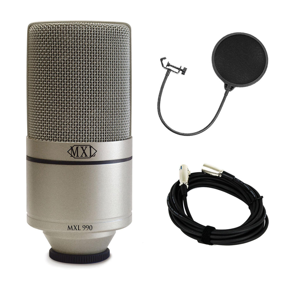 MXL 990 Microphone w/ 20-foot XLR Microphone Cable & Pop Filter Bundle