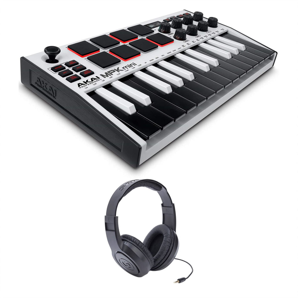 Akai MPK Mini MK3 White SE Keyboard Bundle with Samson SR350 Headphones