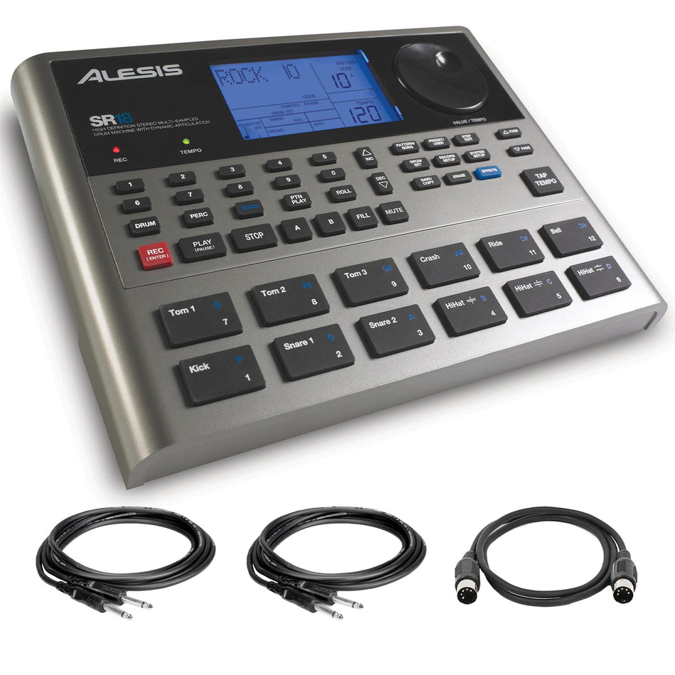 Alesis SR18 Drum Machine w/ 2 Instrument & MIDI Cable Bundle