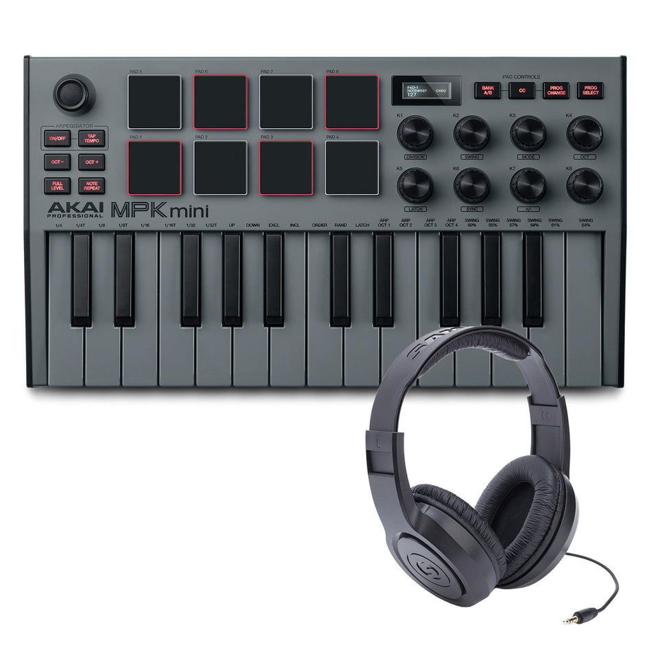 Akai MPK Mini MK3 Grey SE Controller w/ Samson SR350 Headphones Bundle