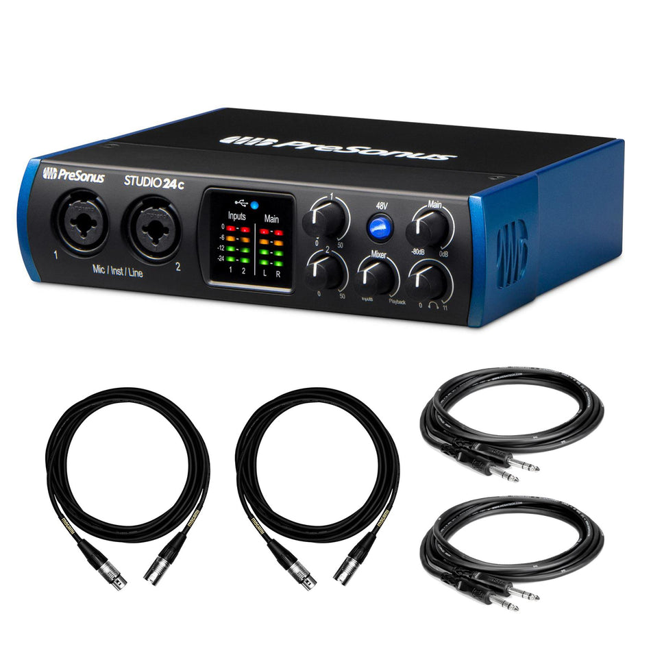 PreSonus Studio 24C USB Interface Bundle with Mogami XLR and Hosa TRS Cables