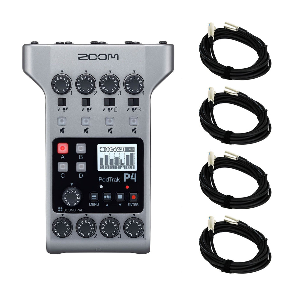 Zoom Podtrak P4 Podcast Recorder Bundle with Four 20-foot XLR Cables