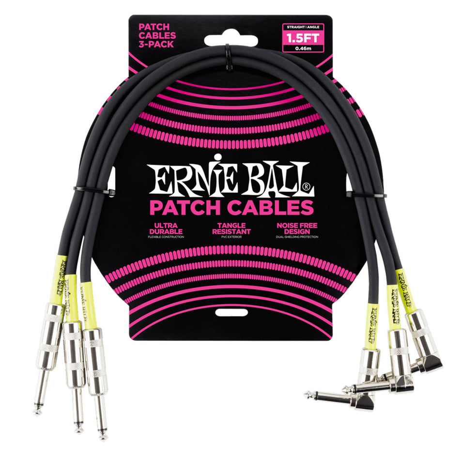 Ernie Ball 6076 1.5-Foot Black 1/4" Straight/Angle Patch Cable - 3-pack