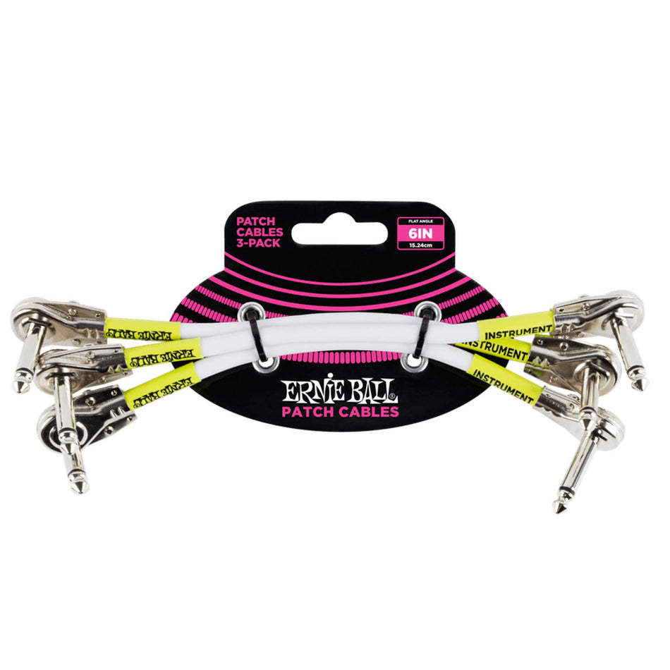Ernie Ball 6052 3-Pack White 6-Inch Flat Angle 1/4" TS Patch Cables